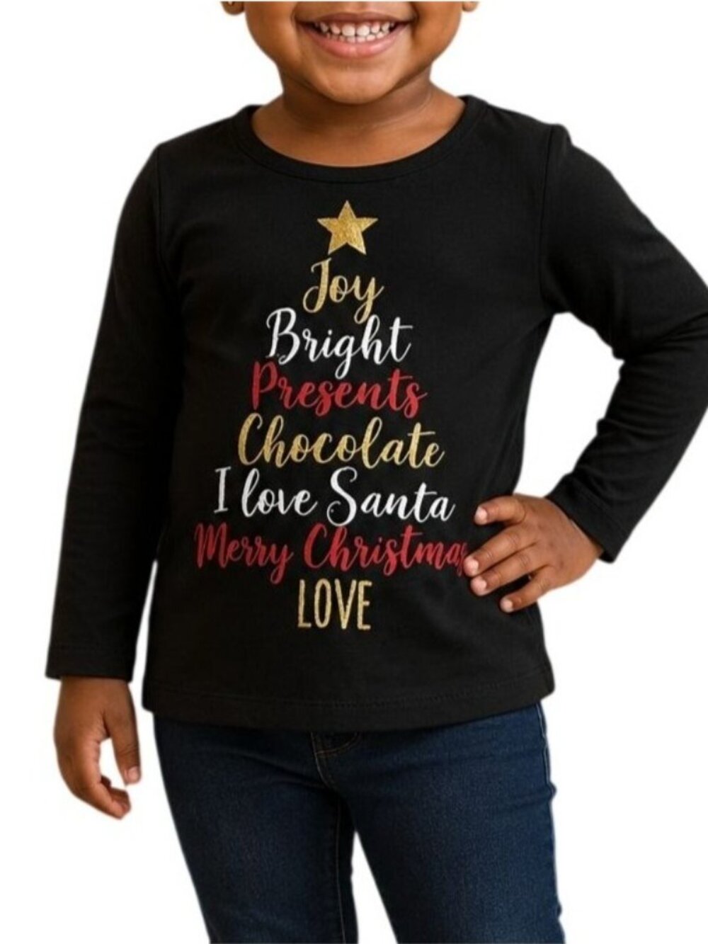 Holiday Time Kids 3T Top Christmas Long Sleeve Black Glitter Tree Joy & Santa